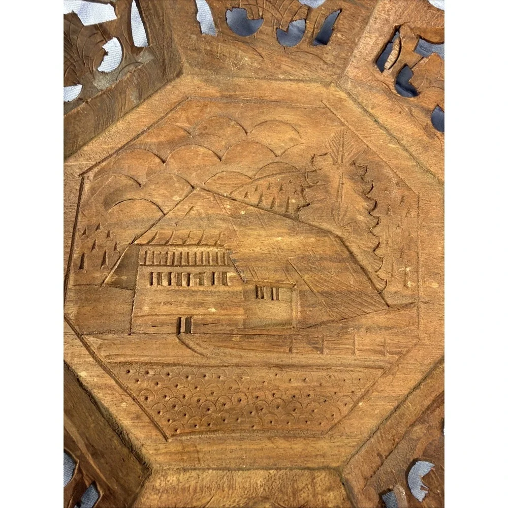 Vintage Carved Wood Octagonal Serving Tray 10.5